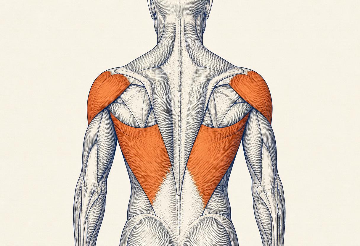Clinical anatomical illustration of the back musculature with the lats and rear deltoids highlighted — the muscles a twice-weekly split prioritizes